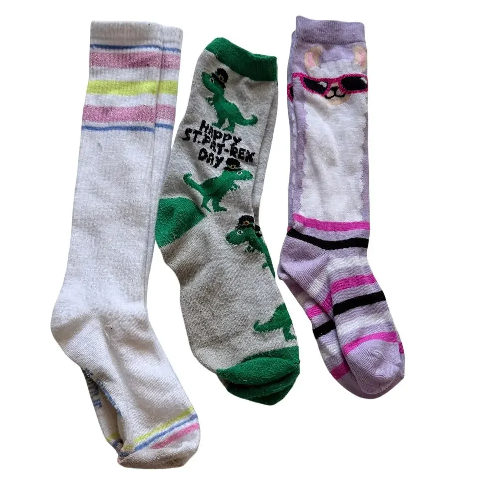 Girls Large Sock Bundle, Striped Knee High, Dino, Llama